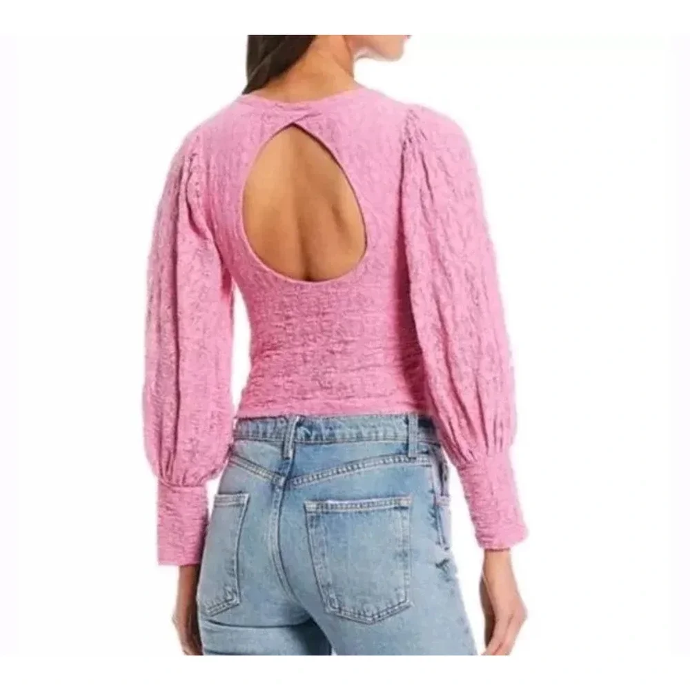 NWT Free People‎ Womens Tea Time Lace Puff Sleeve Blouse Open Back Pink Size XS